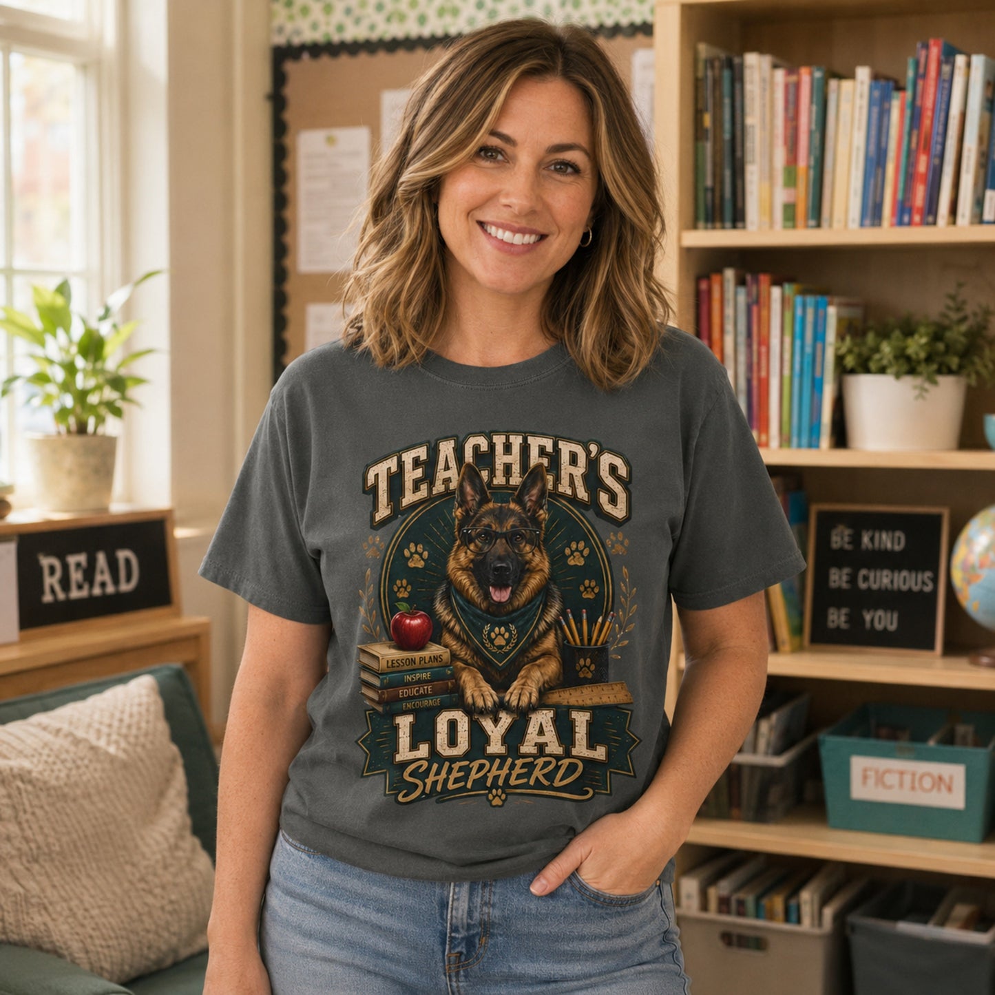 Woman wearing a pepper Teacher’s Loyal Shepherd T-shirt with a German Shepherd graphic in an indoor reading corner scene.