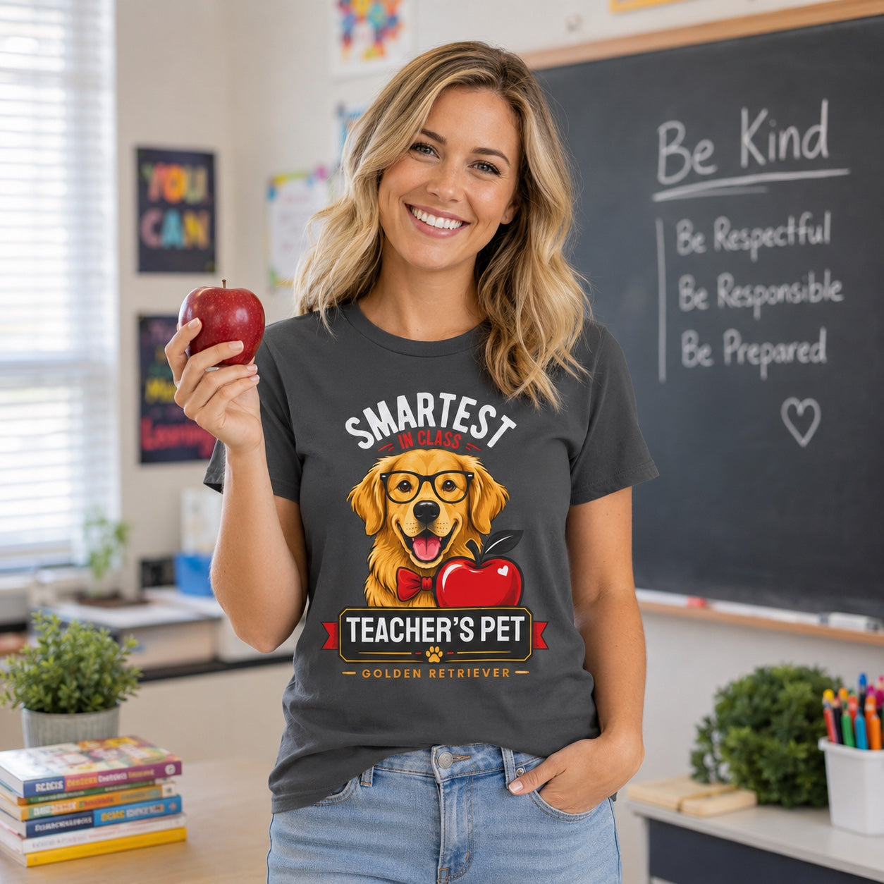 Woman holding an apple in front of a 'Be Kind' class-board, wearing graphite teacher's pet dog t-shirt
