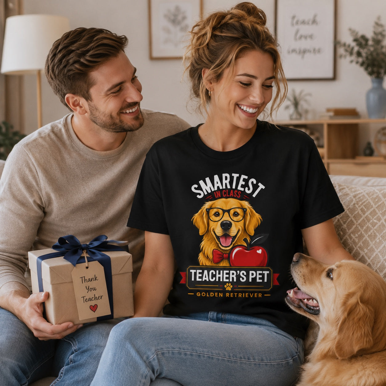 Couple with a thank-you-teacher gift box and their golden retriever, wearing black teacher's pet t-shirt