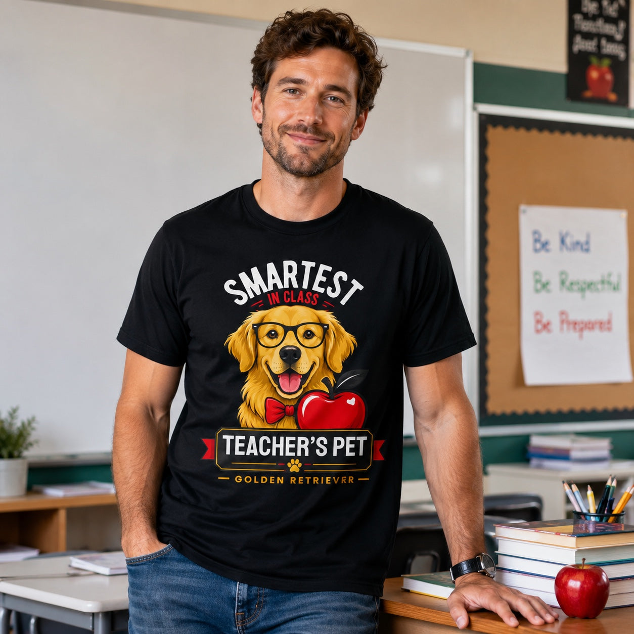 Man standing in a classroom wearing black 'Teacher's Pet Golden Retriever' t-shirt