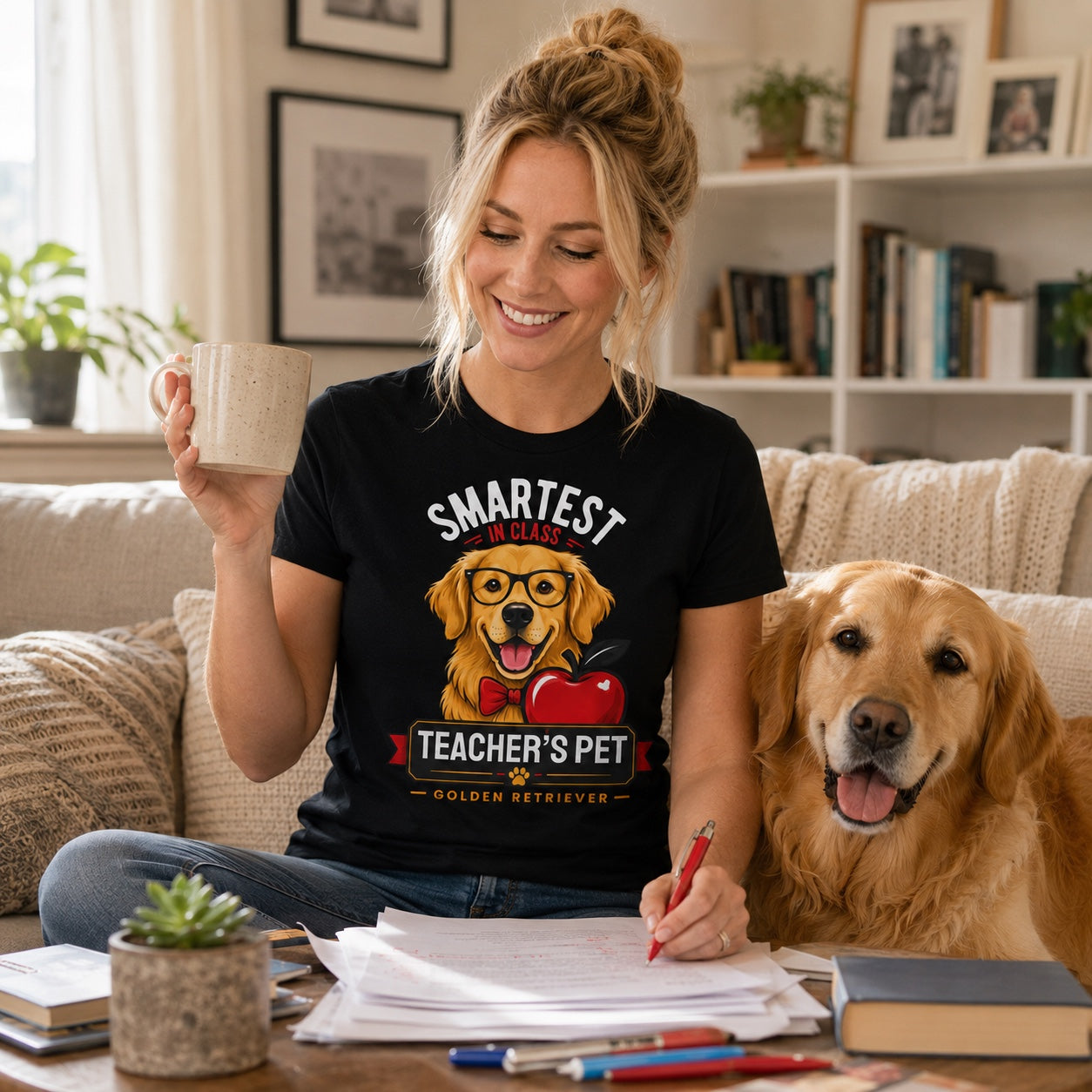 Woman grading papers on a couch with her golden retriever, wearing black teacher's pet dog t-shirt