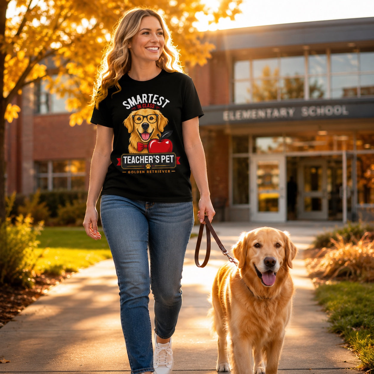 Woman walking her golden retriever outside an elementary school in fall, wearing black teacher's pet t-shirt