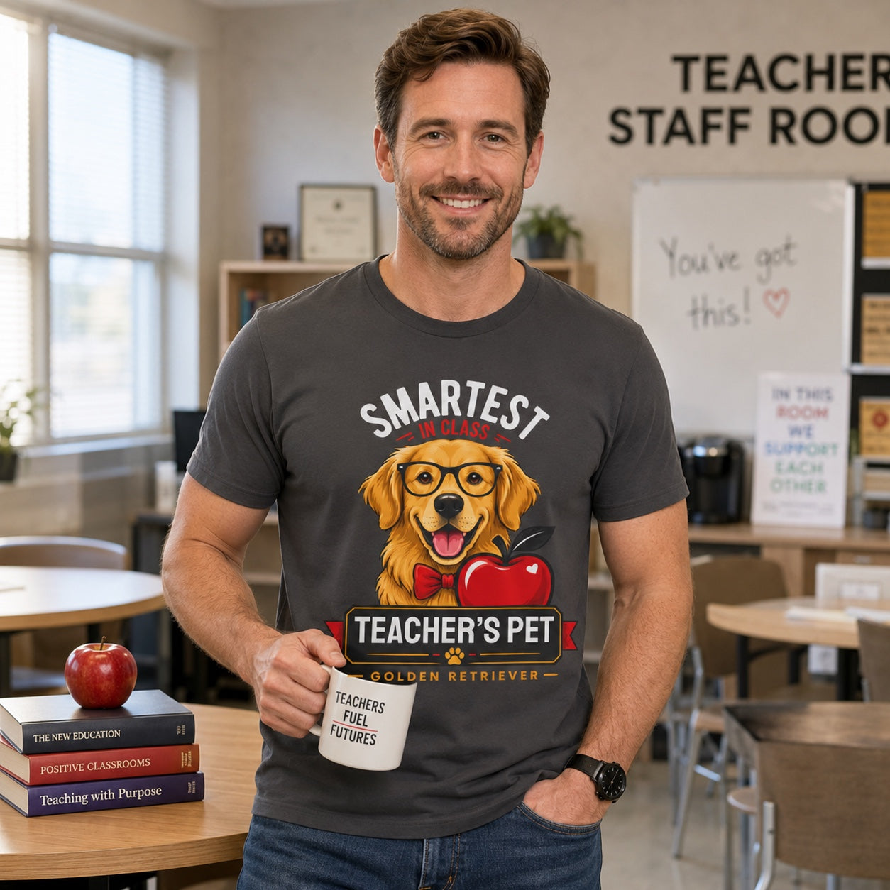 Man holding a mug in a teacher staff room, wearing graphite teacher's pet dog t-shirt
