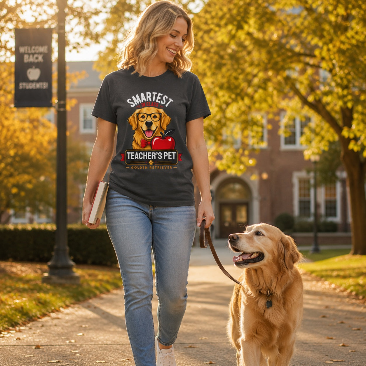 Woman walking her golden retriever down a fall path, wearing graphite teacher's pet dog t-shirt