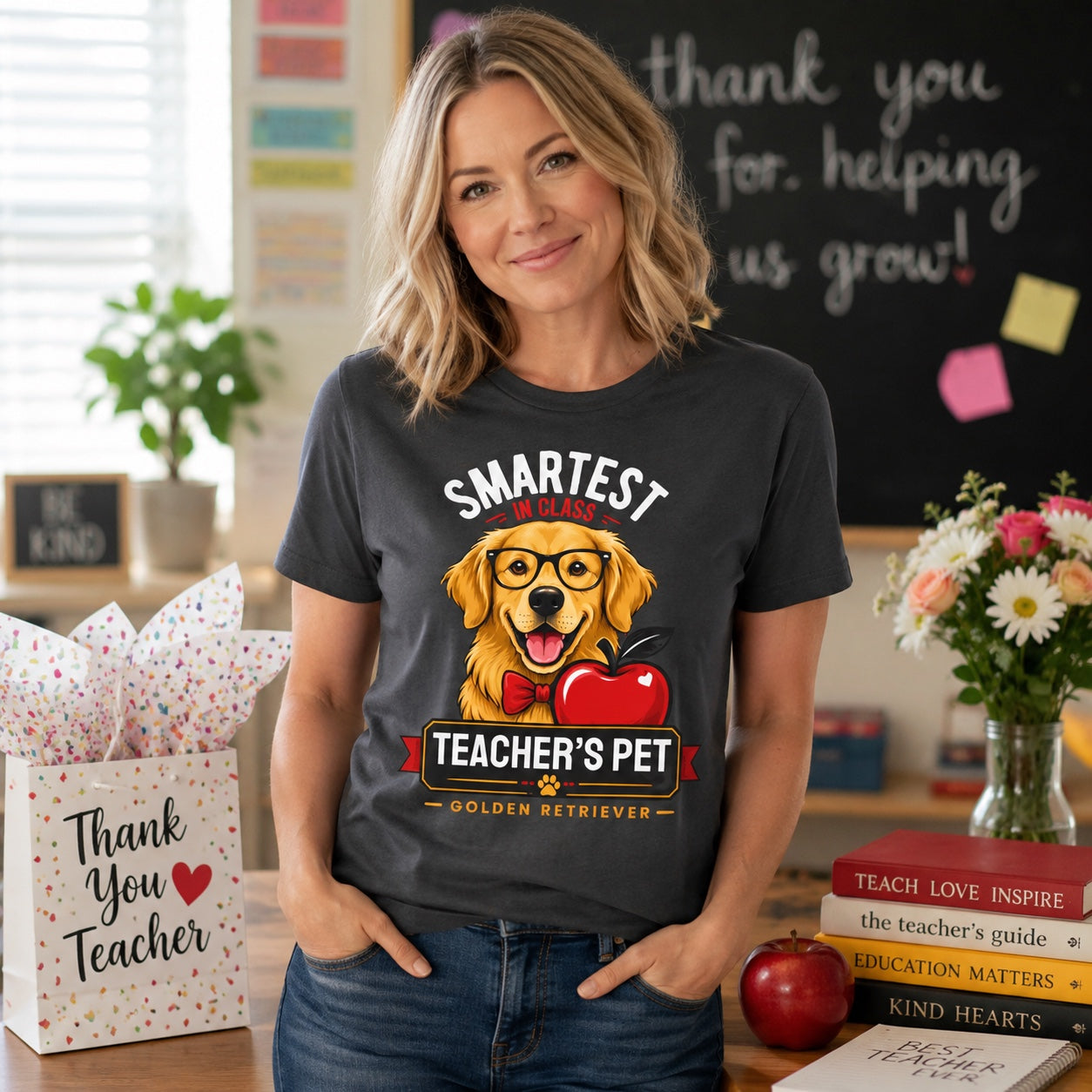 Woman holding a 'Thank You Teacher' gift bag, wearing graphite 'Teacher's Pet Golden Retriever' t-shirt