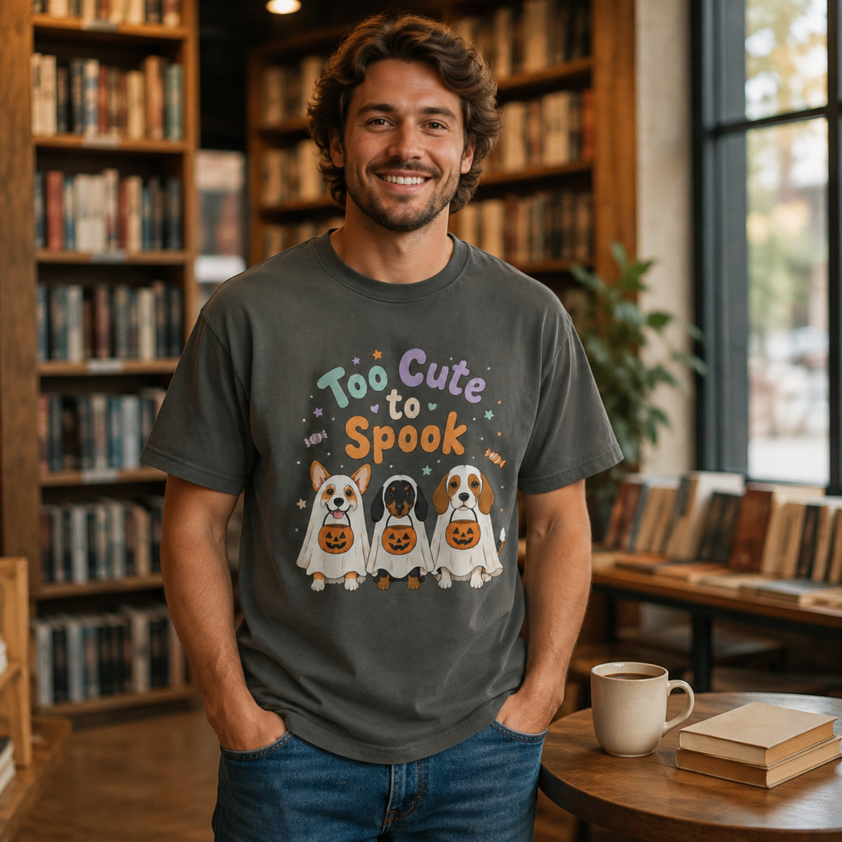 Man wearing the Pepper Too Cute to Spook dog Halloween T-shirt in a bookstore with coffee and books.