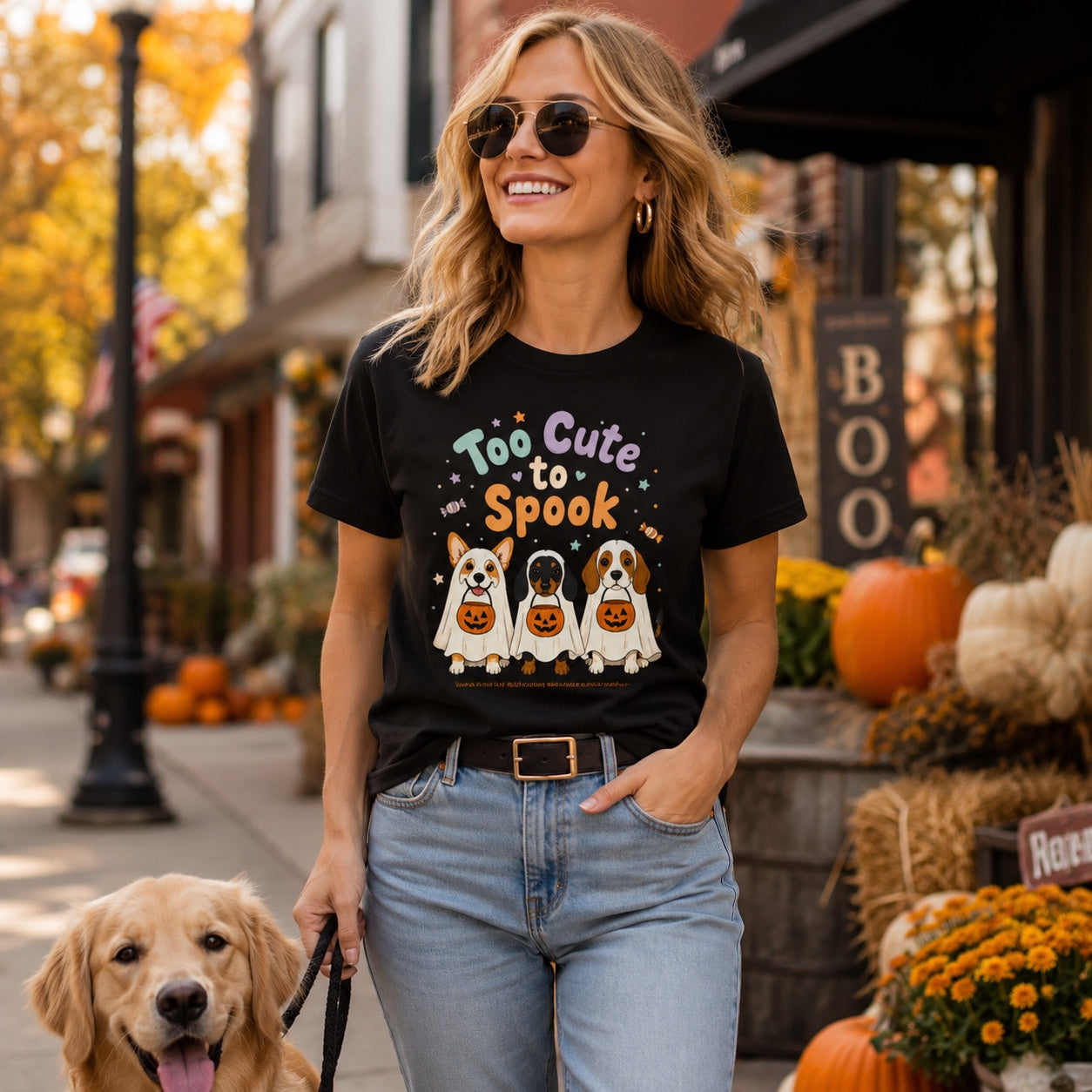 Model wearing a black Too Cute to Spook t-shirt with a ghost pup graphic in a Halloween scene