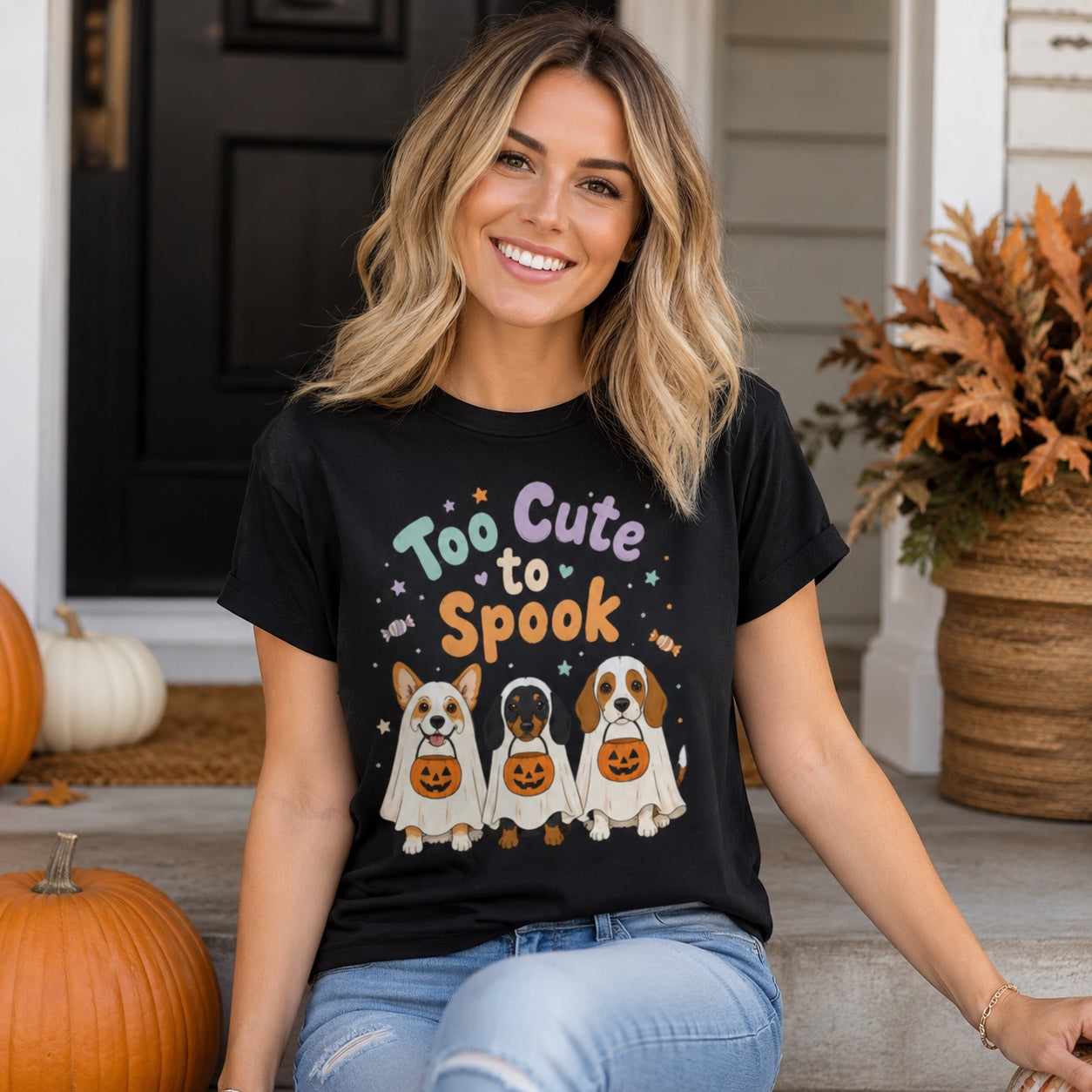 Model wearing a black Too Cute to Spook t-shirt with a ghost pup graphic in a Halloween scene