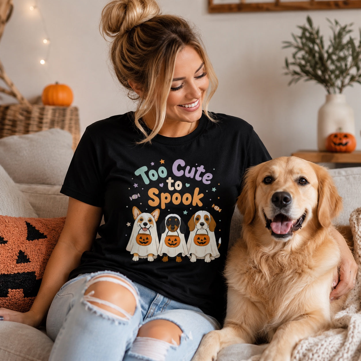 Model wearing a black Too Cute to Spook t-shirt with a ghost pup graphic in a Halloween scene
