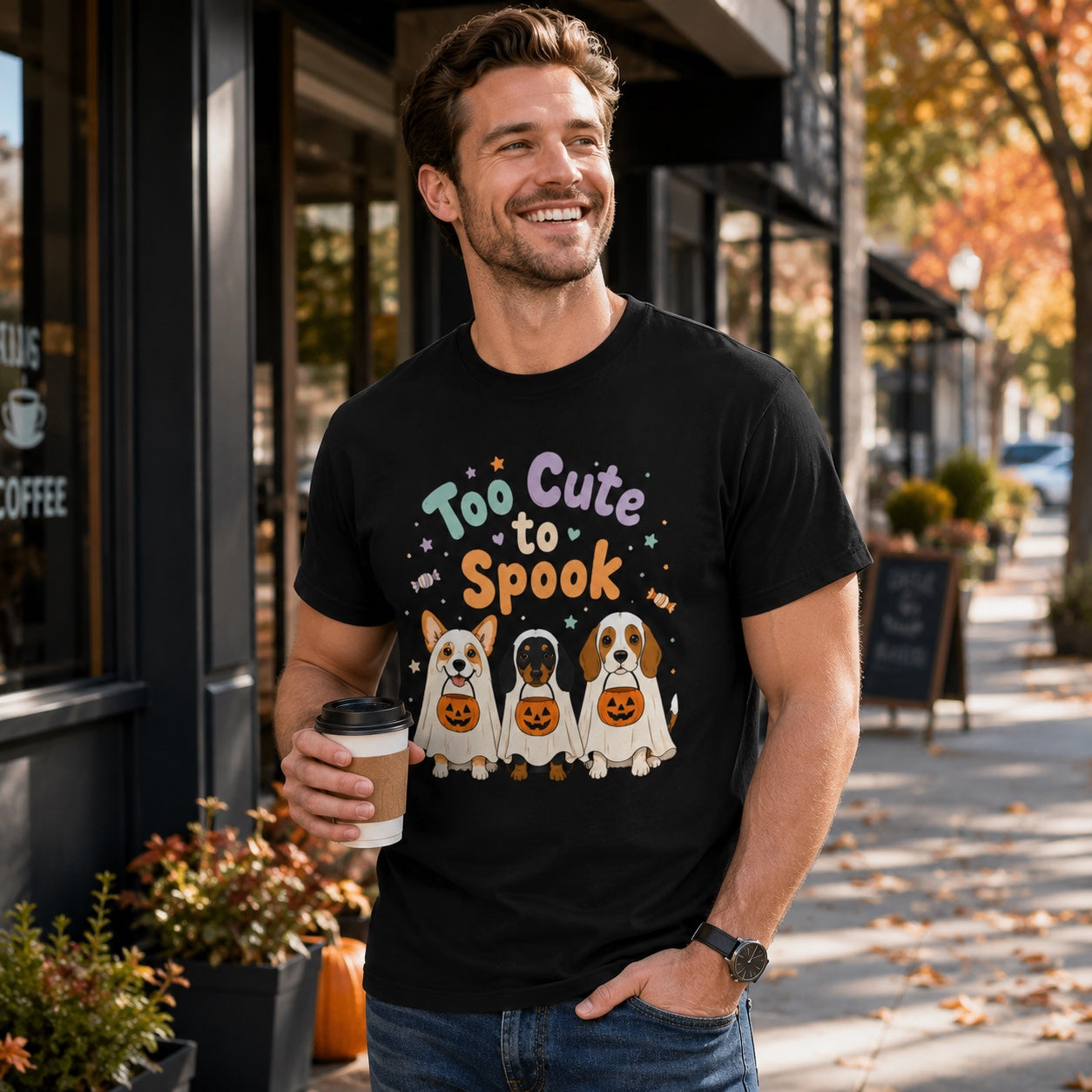 Model wearing a black Too Cute to Spook t-shirt with a ghost pup graphic in a Halloween scene