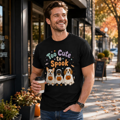 Model wearing a black Too Cute to Spook t-shirt with a ghost pup graphic in a Halloween scene