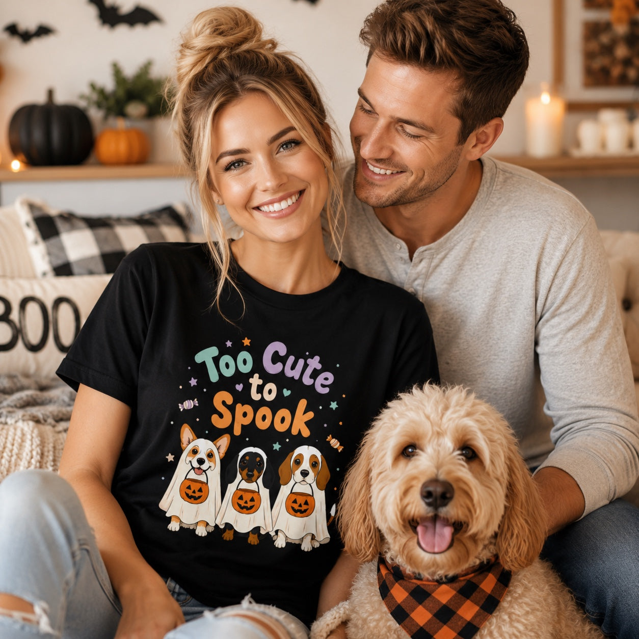 Model wearing a black Too Cute to Spook t-shirt with a ghost pup graphic in a Halloween scene