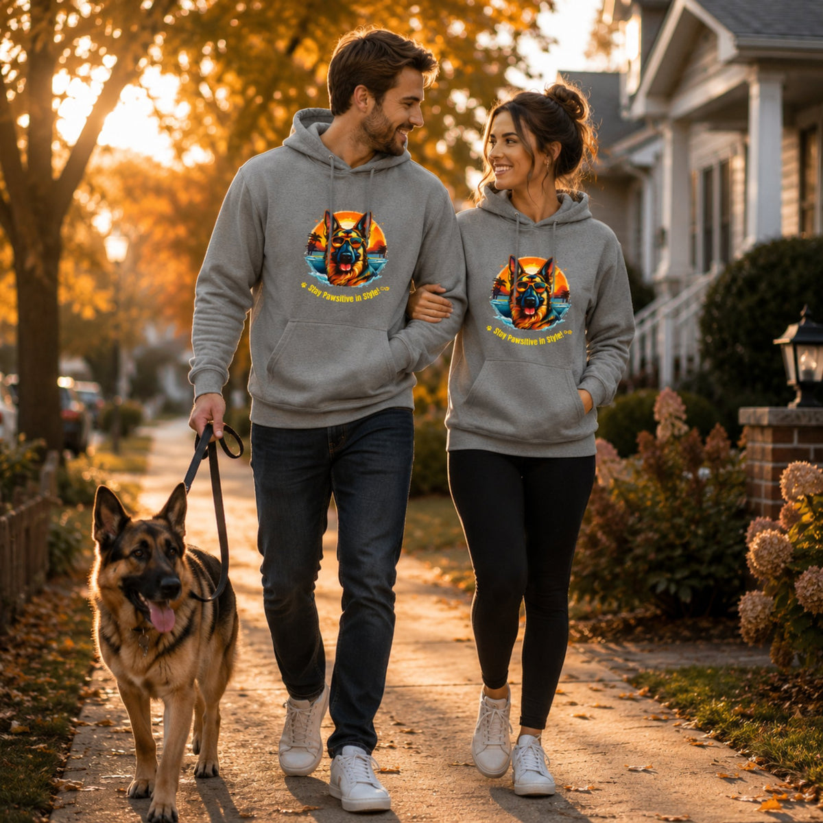 Steel Grey German Shepherd hoodie worn by a couple walking their dog outdoors during autumn.