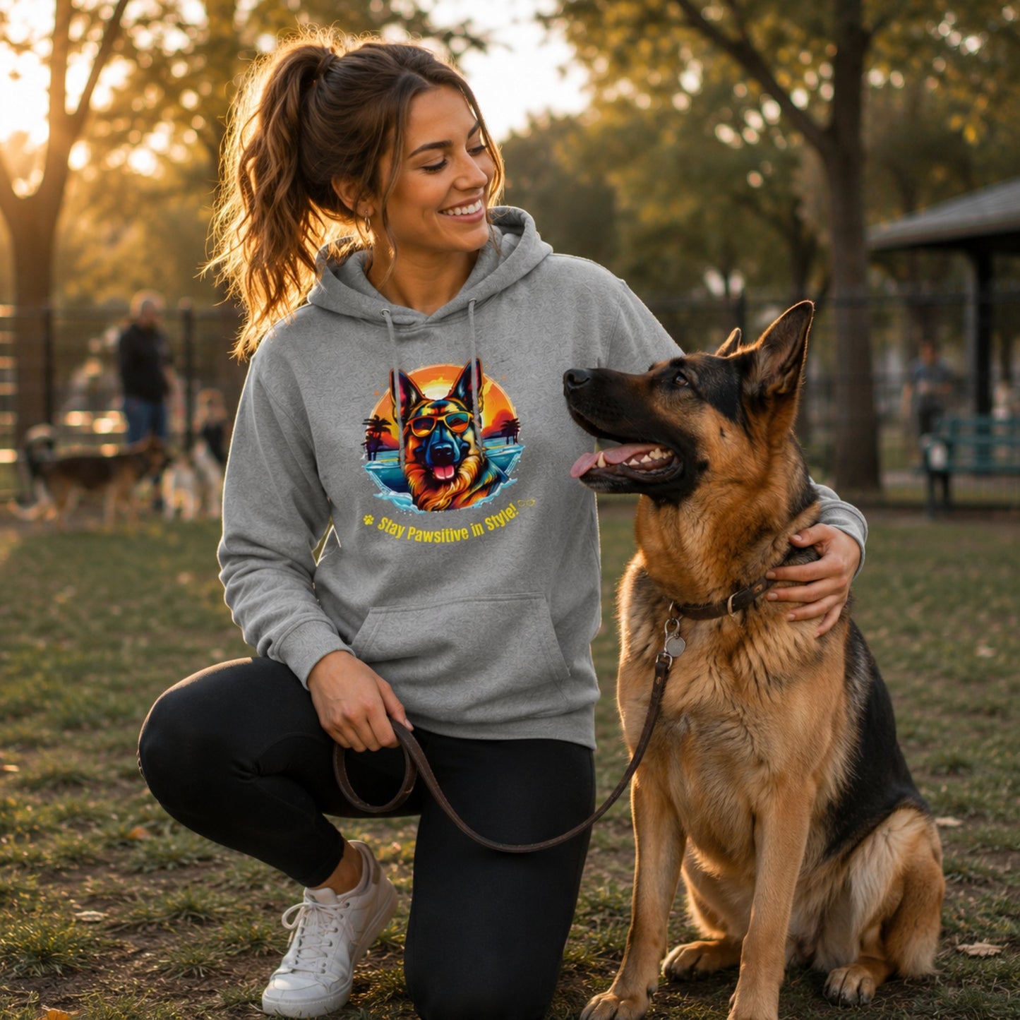 Woman wearing Steel Grey German Shepherd hoodie sitting with her German Shepherd at a dog park.