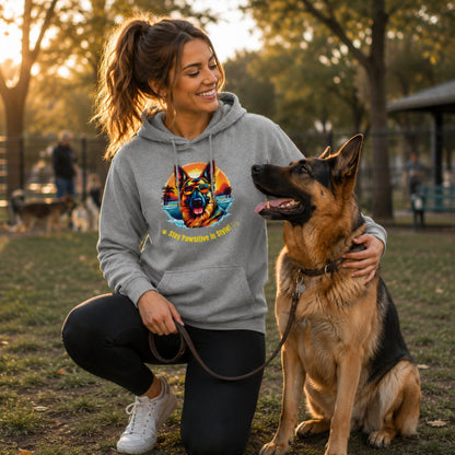 Woman wearing Steel Grey German Shepherd hoodie sitting with her German Shepherd at a dog park.