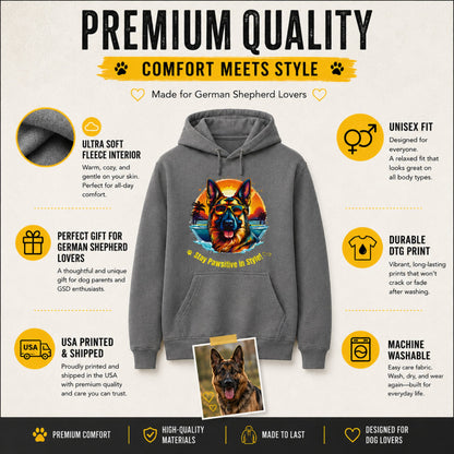 Features and benefits infographic for Steel Grey German Shepherd hoodie including comfort, fit, durability, and USA printing.