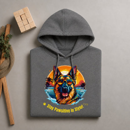 Folded Steel Grey German Shepherd hoodie displaying vibrant dog lover graphic design.