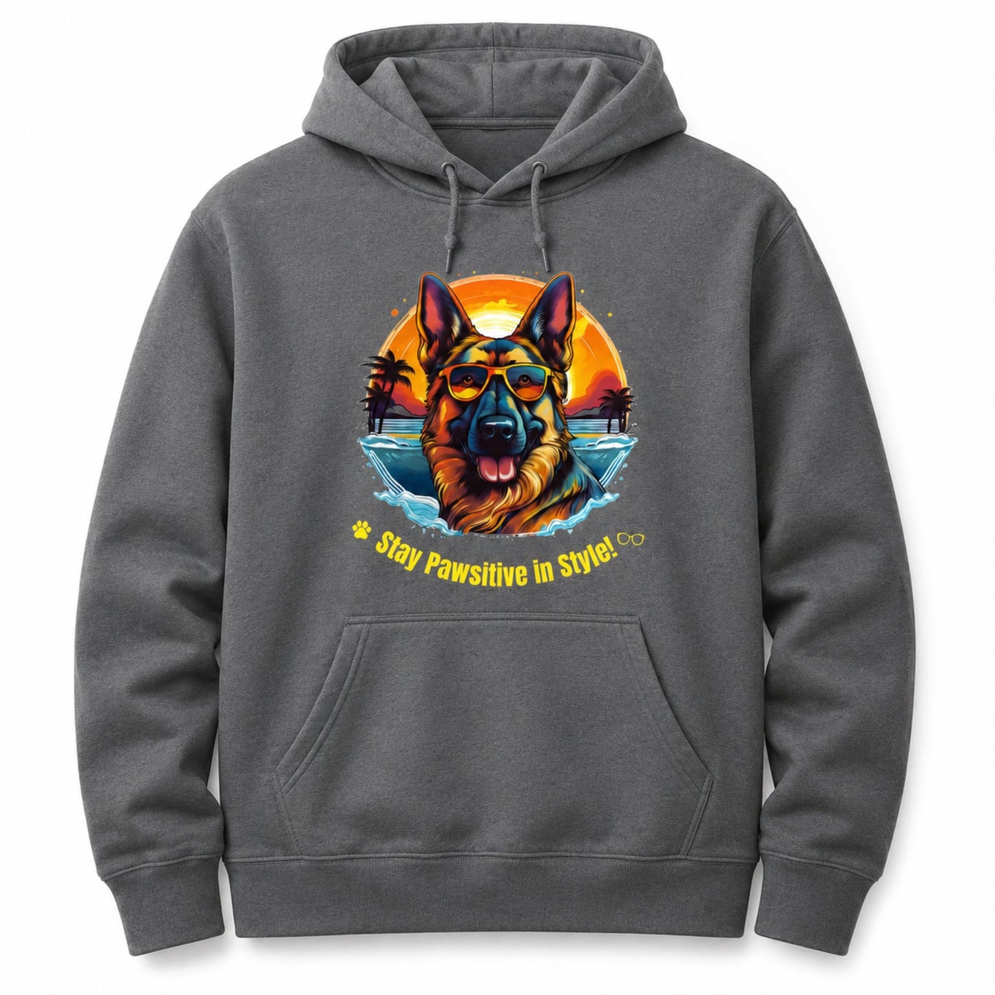 Front view of Steel Grey German Shepherd hoodie featuring colorful Stay Pawsitive in Style dog lover design.
