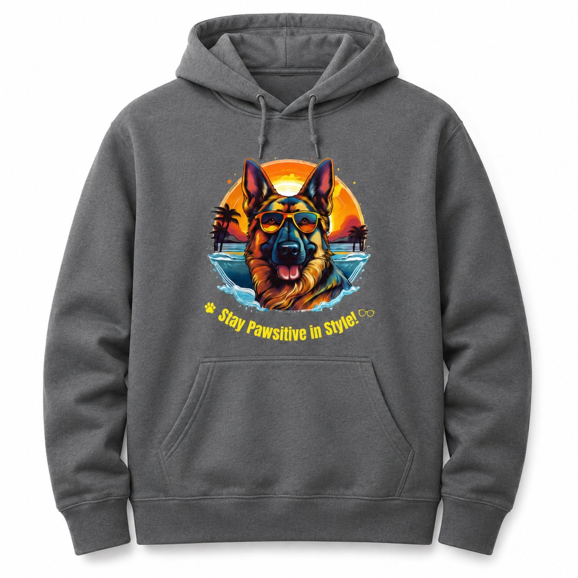 Front view of Steel Grey German Shepherd hoodie featuring colorful Stay Pawsitive in Style dog lover design.