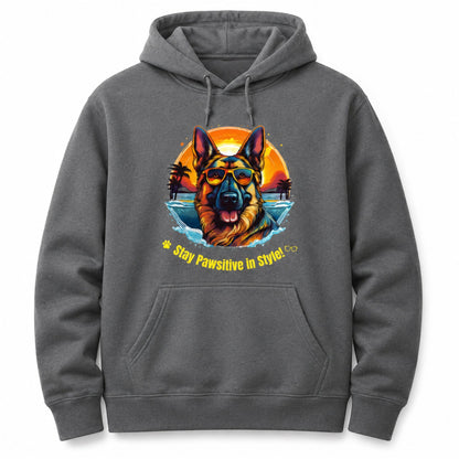 Front view of Steel Grey German Shepherd hoodie featuring colorful Stay Pawsitive in Style dog lover design.