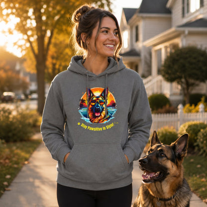 Close-up lifestyle photo of Steel Grey German Shepherd hoodie worn outdoors with a German Shepherd companion.