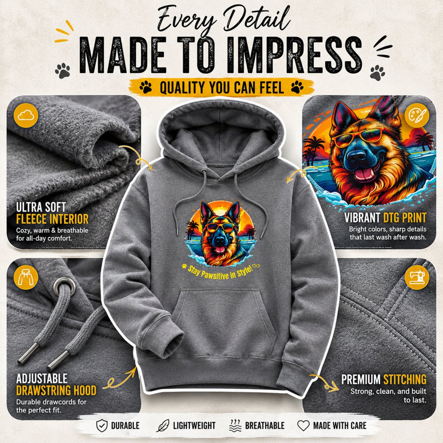Premium details of Steel Grey German Shepherd hoodie showing fleece interior, DTG print quality, stitching, and drawstrings.