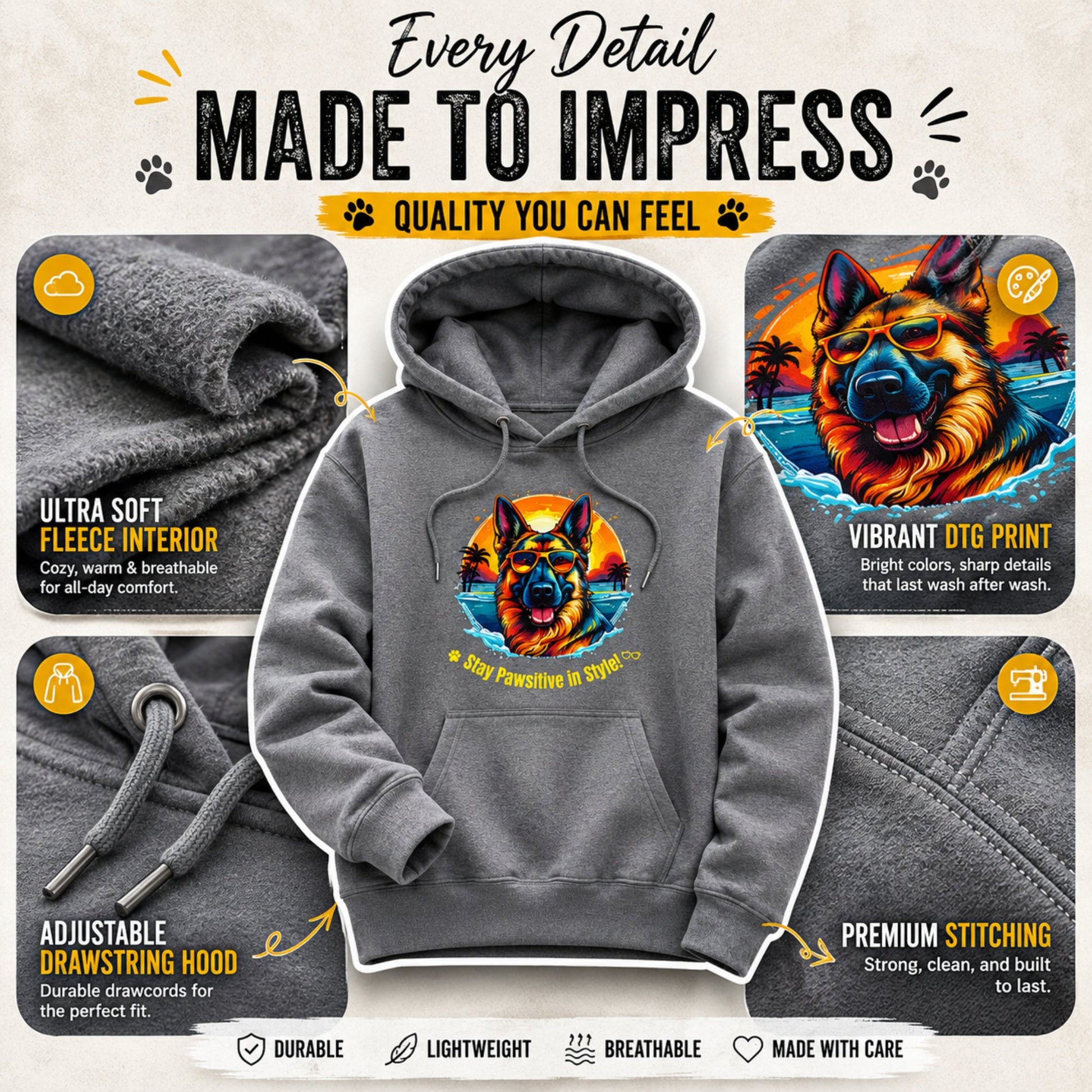 Premium details of Steel Grey German Shepherd hoodie showing fleece interior, DTG print quality, stitching, and drawstrings.