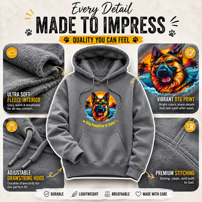 Premium details of Steel Grey German Shepherd hoodie showing fleece interior, DTG print quality, stitching, and drawstrings.