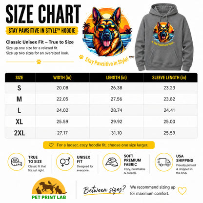 Steel Grey German Shepherd hoodie size chart showing measurements, fit guide, and sizing recommendations.