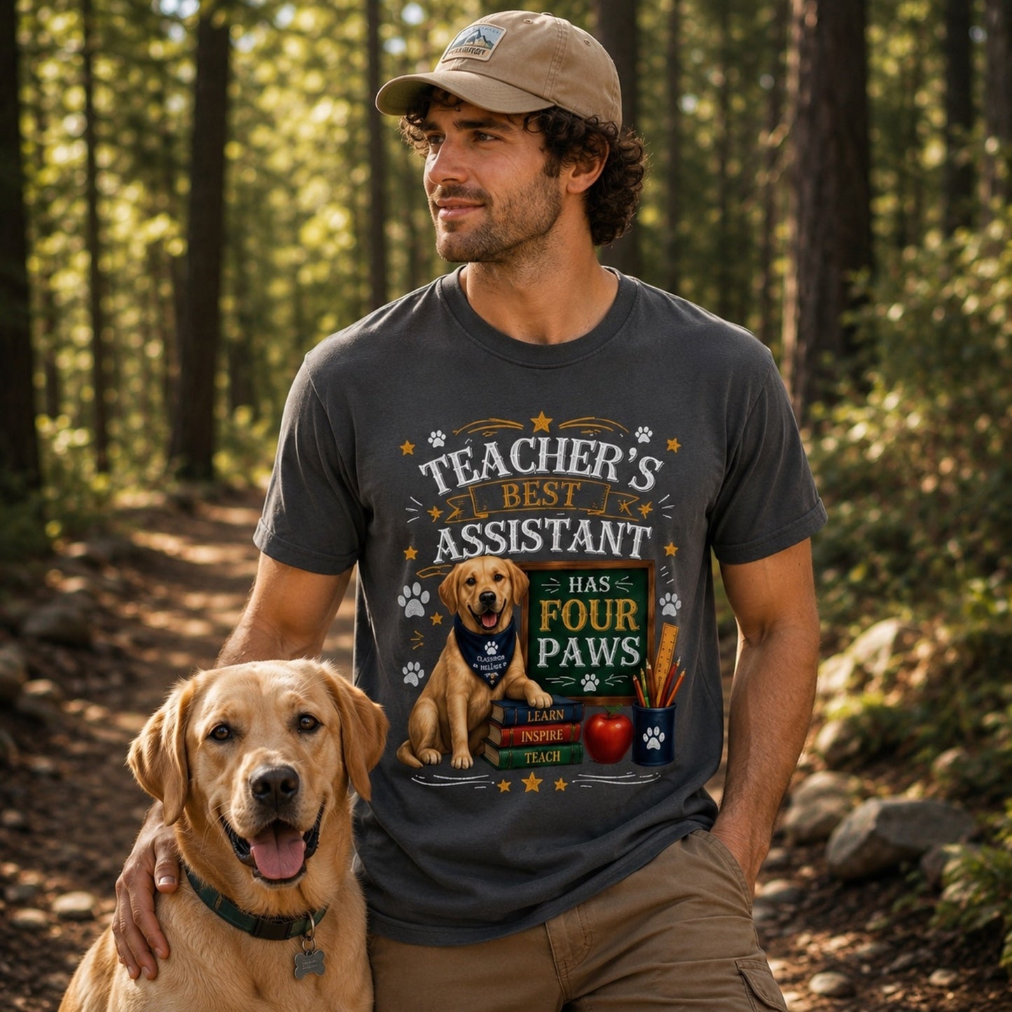 Man wearing a graphite Teacher's Best Assistant Has Four Paws T-shirt with a Labrador classroom helper design on a forest trail with a Golden Retriever.