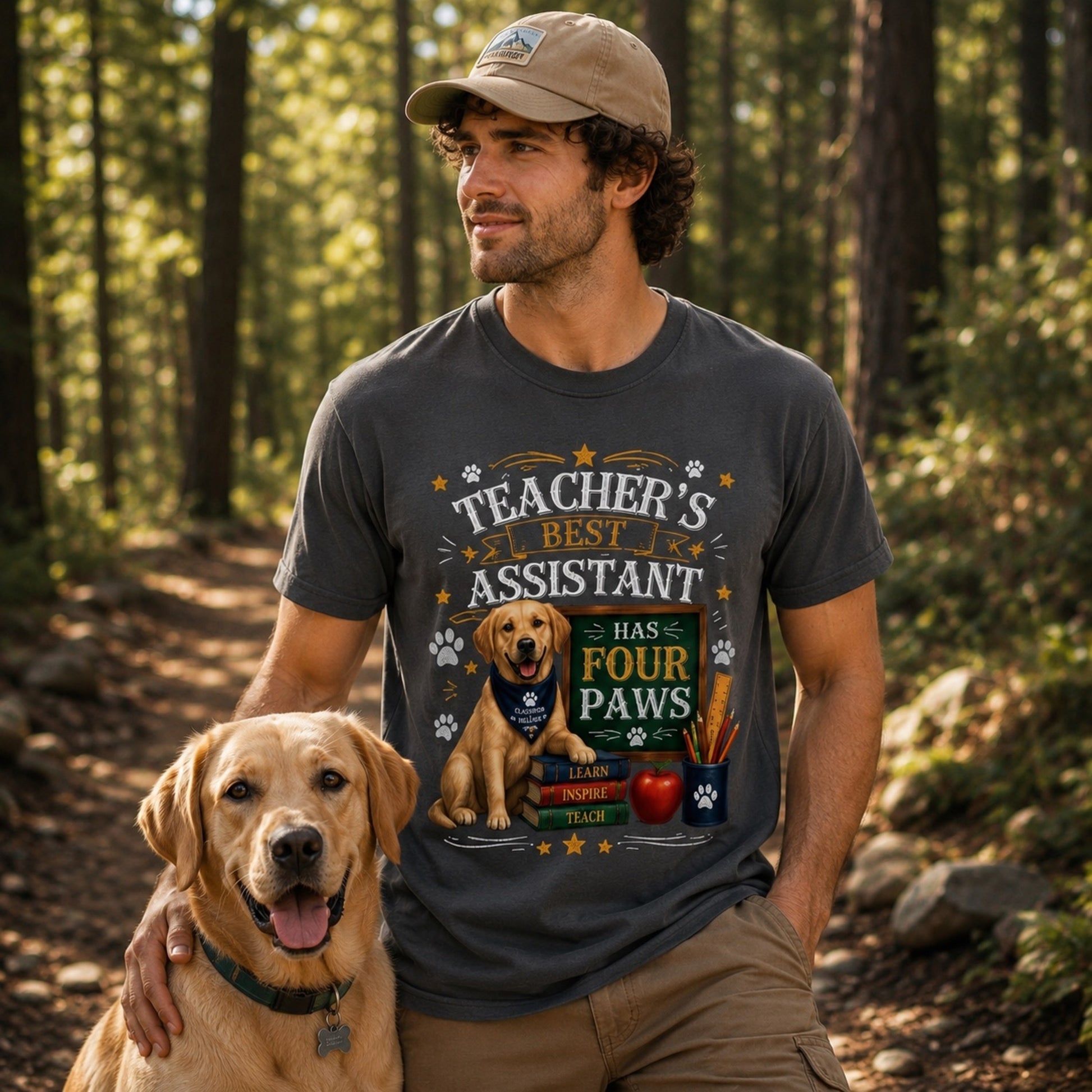Man wearing a graphite Teacher's Best Assistant Has Four Paws T-shirt with a Labrador classroom helper design on a forest trail with a Golden Retriever.