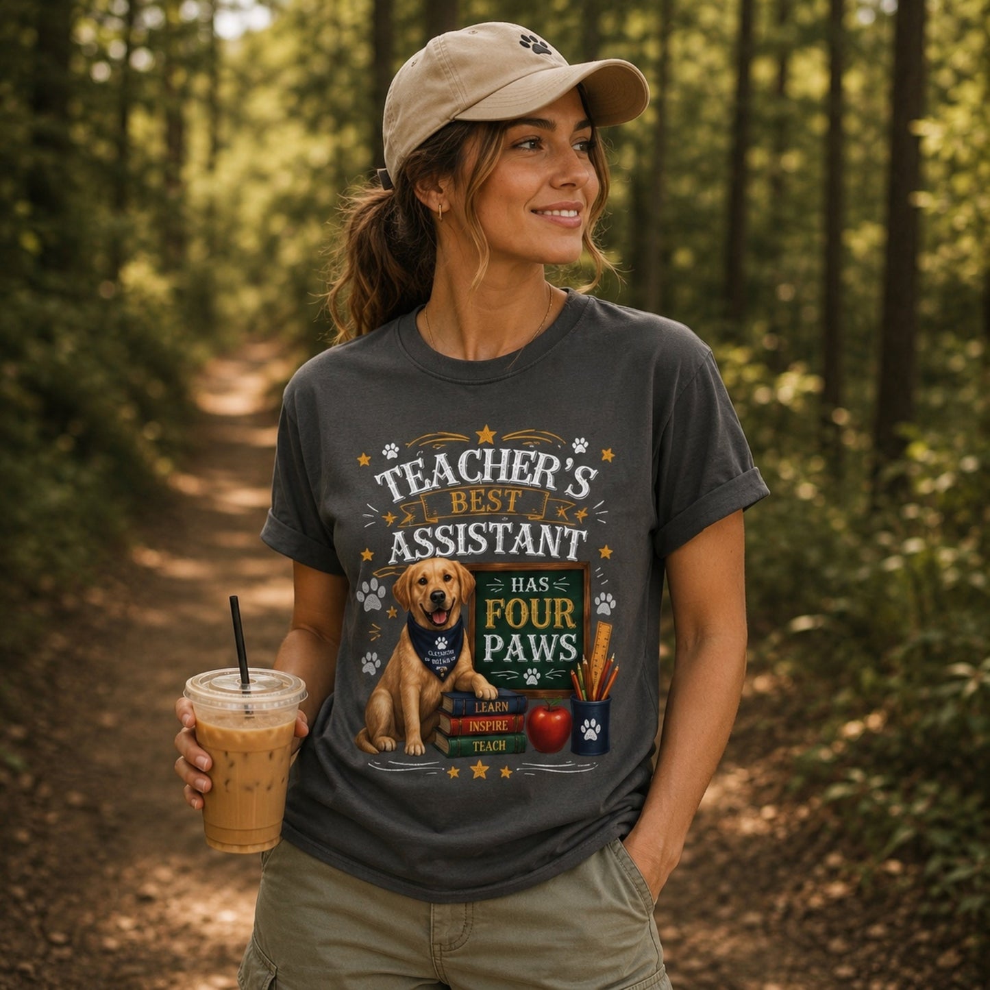 Woman wearing a graphite Teacher's Best Assistant Has Four Paws T-shirt with a Labrador classroom helper design on a forest trail with iced coffee and cap.