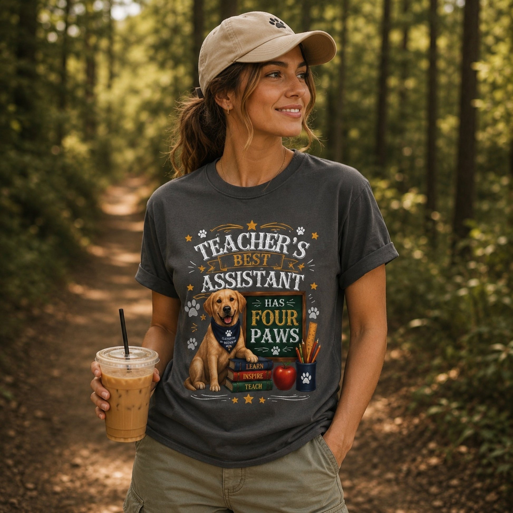 Woman wearing a graphite Teacher's Best Assistant Has Four Paws T-shirt with a Labrador classroom helper design on a forest trail with iced coffee and cap.