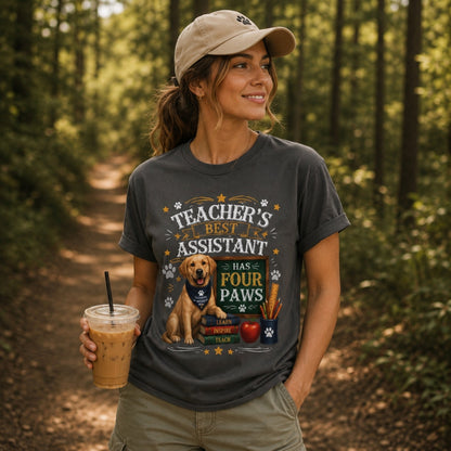 Woman wearing a graphite Teacher's Best Assistant Has Four Paws T-shirt with a Labrador classroom helper design on a forest trail with iced coffee and cap.
