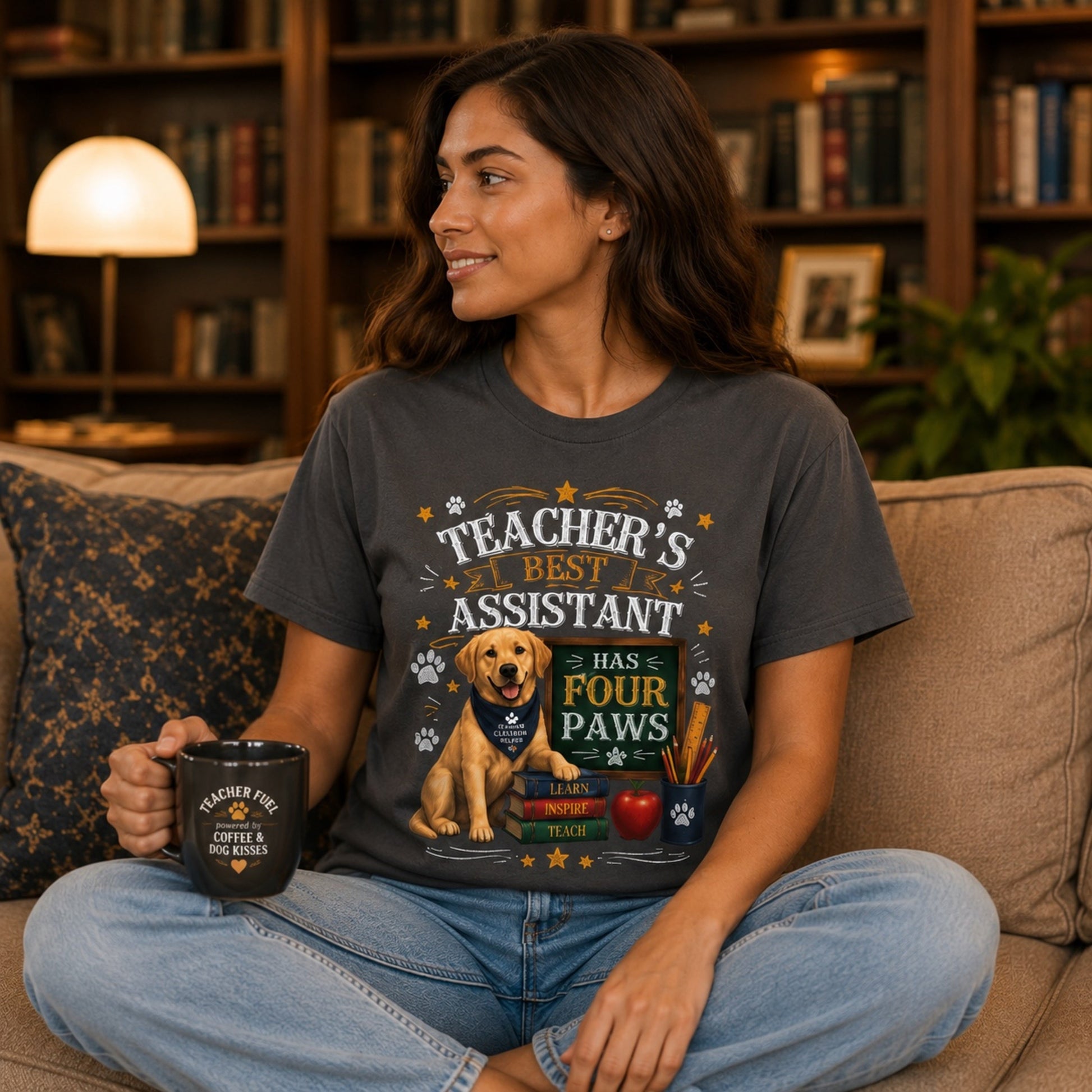Woman wearing a graphite Teacher's Best Assistant Has Four Paws T-shirt with a Labrador classroom helper design in a home library while holding a mug.