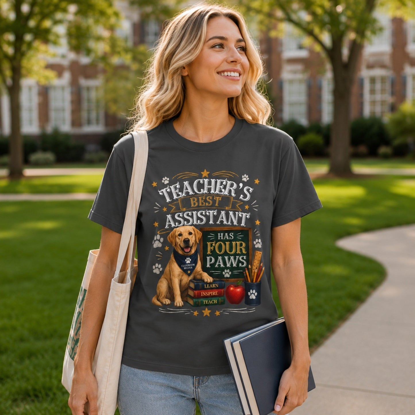 Woman wearing a graphite Teacher's Best Assistant Has Four Paws T-shirt with a Labrador classroom helper design on a school campus with tote bag and books.