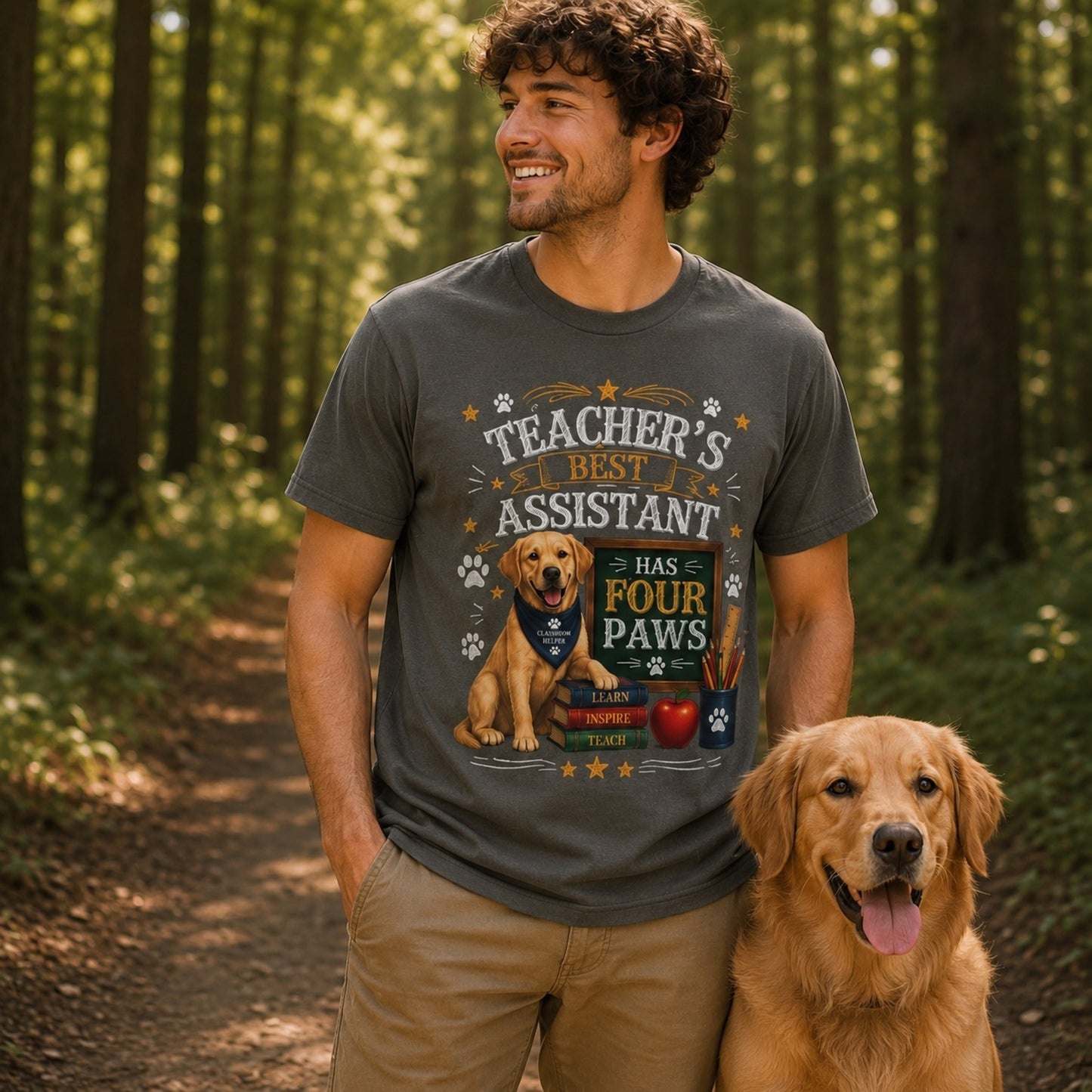 Man wearing a pepper Teacher's Best Assistant Has Four Paws T-shirt with a Labrador classroom helper design on a forest trail with a Golden Retriever.
