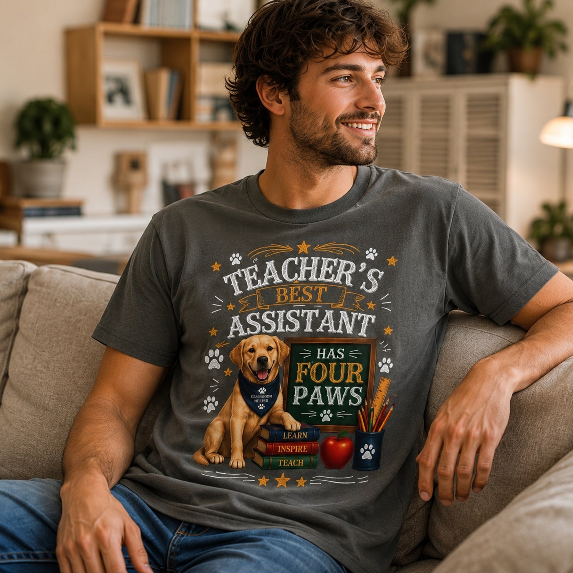 Man wearing a pepper Teacher's Best Assistant Has Four Paws T-shirt with a Labrador classroom helper design while sitting on a home sofa.