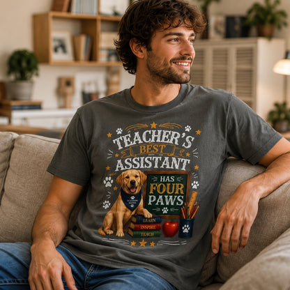 Man wearing a pepper Teacher's Best Assistant Has Four Paws T-shirt with a Labrador classroom helper design while sitting on a home sofa.