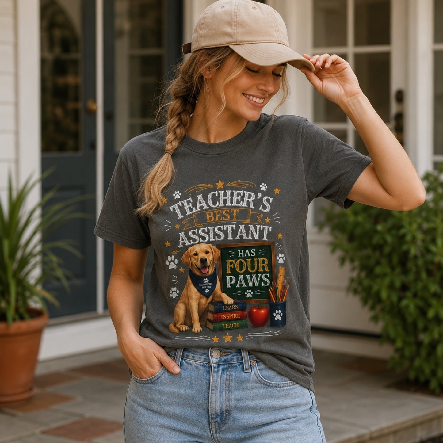 Woman wearing a pepper Teacher's Best Assistant Has Four Paws T-shirt with a Labrador classroom helper design on a front porch while wearing a cap.