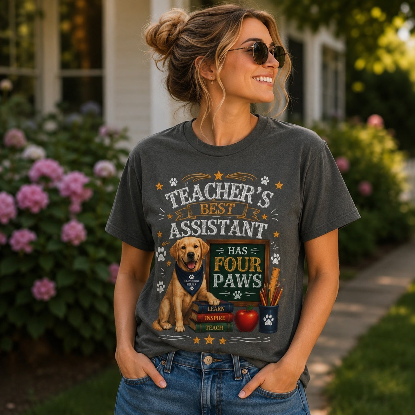 Woman wearing a pepper Teacher's Best Assistant Has Four Paws T-shirt with a Labrador classroom helper design in a garden porch scene with sunglasses.